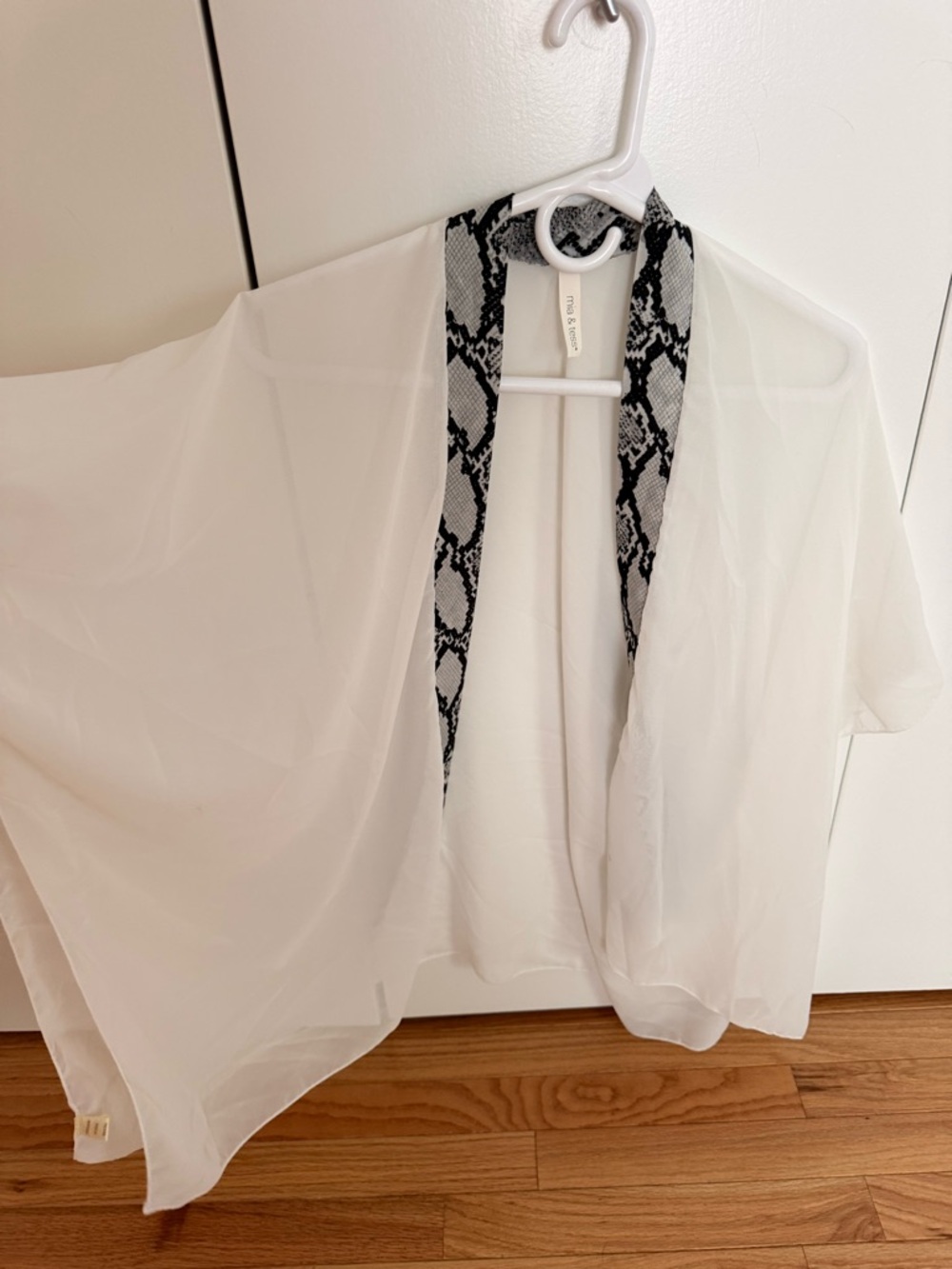 White Sheer Kimono Cover-Up with Black Snake-Print Trim
